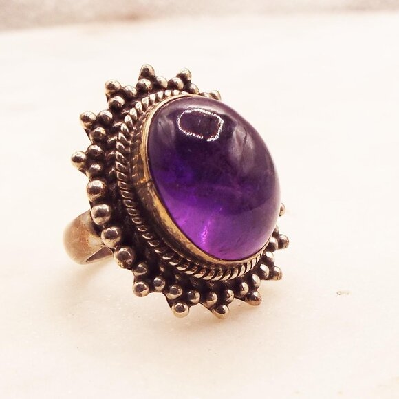 MASSIVE AMETHYST CABOCHON "UNIVERSE EXPLODING" STERLING SZ 4.75 RING 18 - Picture 1 of 4